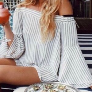 LOFT Off the Shoulder Striped Bell Sleeve Top with Ties